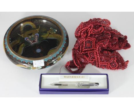 A Chinese enamel cloisonne bowl with dragon and flaming pearl, approx. 20cm diam, together with a Waterman of Paris fountain 