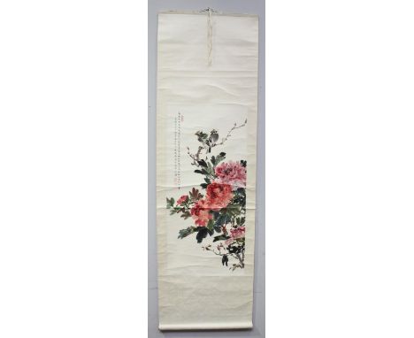 A Chinese hand-painted scroll depicting birds amidst flowers, with character marks and seals to left hand side, image measure