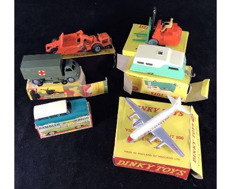 A Dinky Toys 401 Fork Lift Truck, (boxed vgc), 708 Vickers Viscount 800 Air Liner -B.E.A. (boxed g/c), 188 Four Birth Caravan