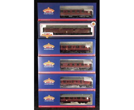 Six Bachmann 'OO' gauge coaches, 39-051H BR Mk1 SO Coach Second Open Maroon (Weathered), 34-654 63ft Thompson BG Full Brake (