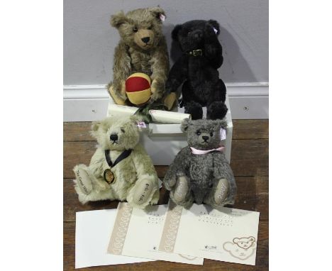 Four limited edition Steiff Bears including a 2002 Harrods 'Archie The Attic Bear', with certificate tied in green ribbon, bo