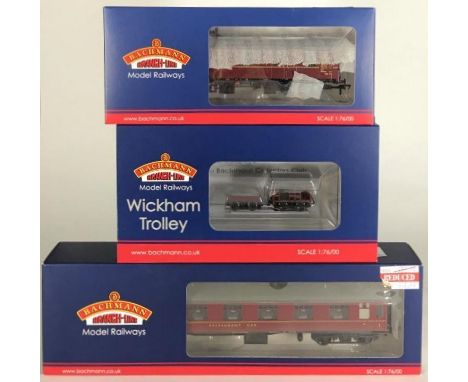 A Bachmann 32-991 Wickham Trolley Car (BR Maroon), together with a 39-251B BR Mk1 Coach Restaurant First Open, (BR maroon wea