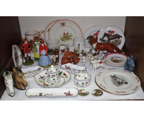 SECTION 2.  Three F R Gray porcelain fox figurines, together with various Beswick foxes and hounds, plates with horse riding 