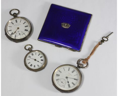 A ladies silver compact by John William Barrett, of square form, the hinged top with applied naval crown to a blue guilloche 