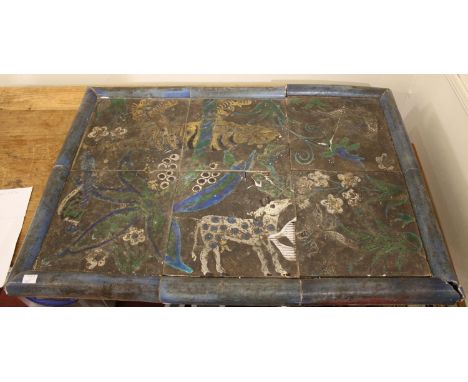 A 19th century Ottoman Empire period panel, formed from six painted pottery tiles, decorated in polychrome with stylised anim