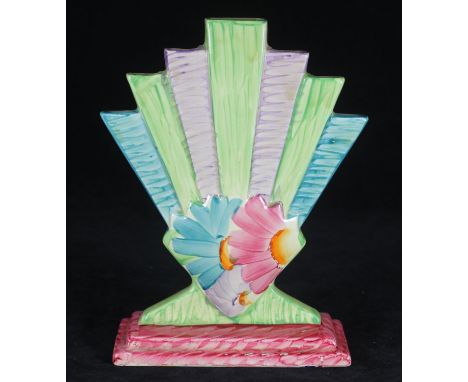 A Myott. Sons &amp; Co 'Fan' spill vase, painted in green, blue, pink and orange enamels, shape 8948, 22cm high 