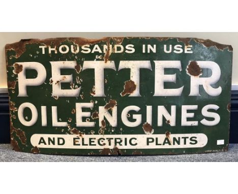 An enamel advertising sign 'Thousands In Use Petter Oil Engines And Electrical Plants', white letters to green ground, approx