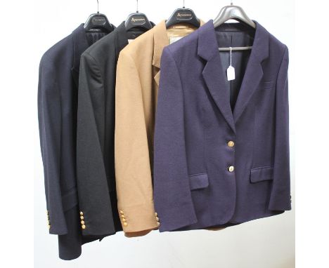 A selection of women's Aquascutum wool blazers in navy blue size 12, dark blue size 10, camel size 12 and black size 12, gold