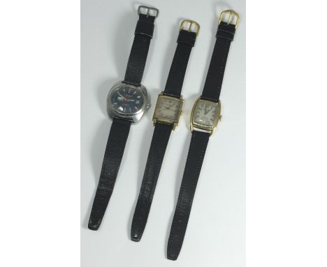 Three assorted vintage mens wristwatches comprising a Hamilton, with rectangular silvered dial, Arabic numerals denoting hour