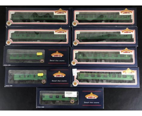 Nine Bachmann Coaches, 34-550, 34-551, 34-526, 34-525, 34-501, 34-500 (all 63' Bullied Corridor, 39-153 Corridor (First), 39-