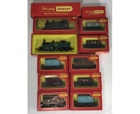 Tweleve various Tri-ang Hornby 'OO' (boxed), comprising R.52-S 0-6-0 tank (Black), R.868 S.R. 0-4-4 Tank Loco (green), 2x R.1