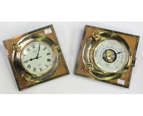 A brass bulkhead barometer, mounted to a wooden wall plaque with studded detailing, together with a matching quartz bulkhead 