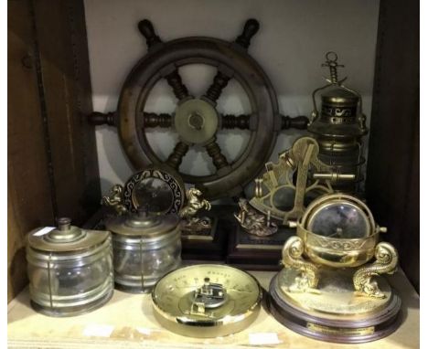 SECTION 21. A small collection of assorted maritime collectables including a miniature ships wheel, two small model ships lam