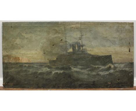 An early 20th century large seascape study with naval vessel in rough seas with cliff beyond, signed 'Fred'k E. Cox' and date