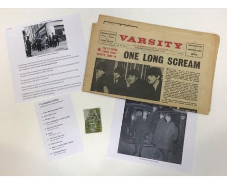 A ticket for The Beatles gig on Tuesday 26th November 1963 at the Regal in Cambridge together with a copy of the review in Va