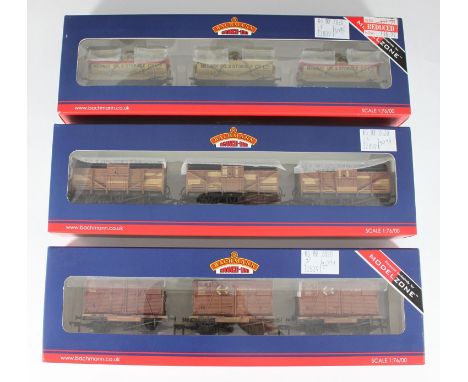 Three Bachmann goods van packs of Three, comprising 37-950Y set of three Conflat Wagons, 37-665Y set of three 14T Tank Wagons