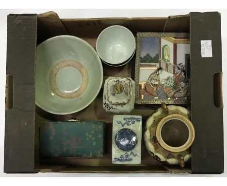 A mixed lot of Oriental ceramics including small bowls, twin-handled vase, brass dishes, Indian trinket box and a pair of bao