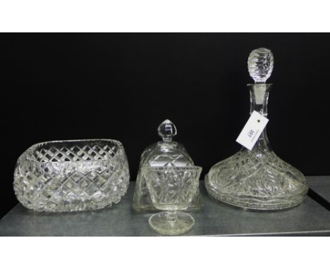 A collection of cut glass and crystal to include a decanter and stopper, a butter dish and cover, a bowl and a small vase, (4