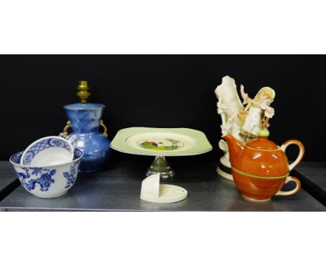 A mixed lot of early 20th century and later pottery and porcelains to include a blue glazed Maling table lamp, a Woods Ivory 