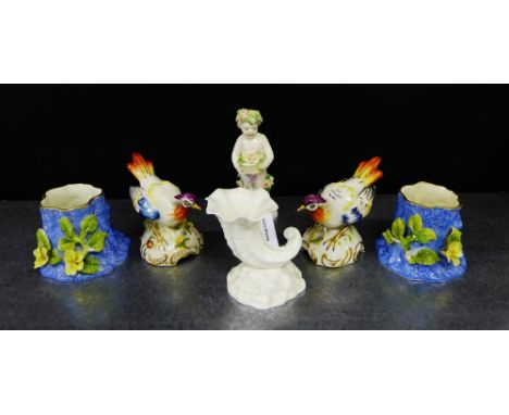 A mixed lot to include a pair of gold anchor bird figures, a pair of Royal Worcester miniature tree stump vases, a Royal Worc