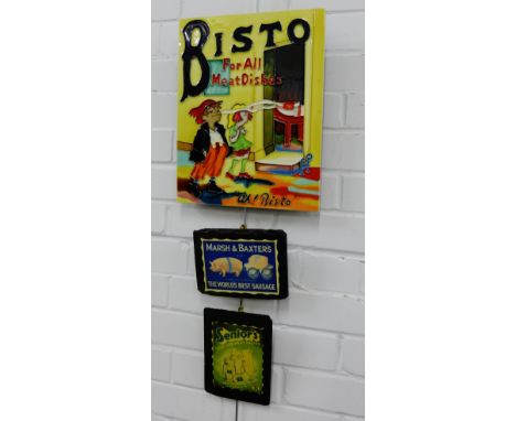 'Bisto For All Meat Dishes', ceramic plaque, together with two black slate advertising plaques, (3) 