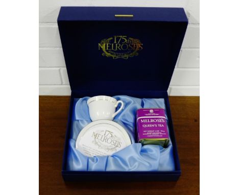 175th Melroses Anniversary cased set containing a Royal Worcester cup and saucer and a tin of Melroses Queens tea