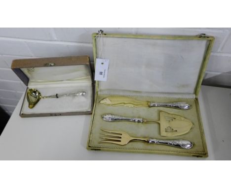 A cased cake serving set, comprising knife, fork and slice, together with a cased miniature sauce ladle, all with foliate emb