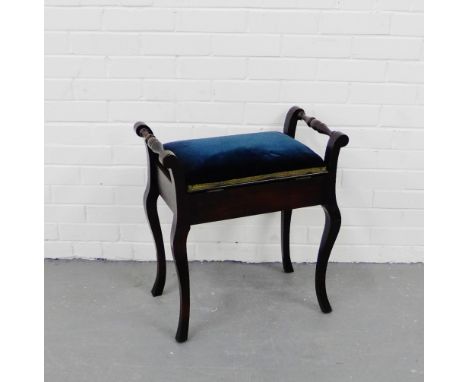 A mahogany piano stool with upholstered seat and cabriole supports,  62 x 55cm
