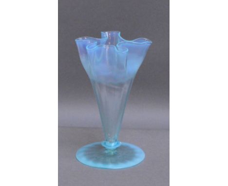 JAMES POWELL WHITEFRIARS; a blue opal vase, the shaped pinched rim above conical bowl, short knopped stem and slightly moulde