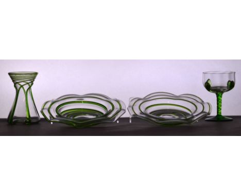 Attributed to "GRAY-STAN"; a pair of clear and green tinted shallow bowls, diameter 16.4cm, a vase with vertical bands of gre