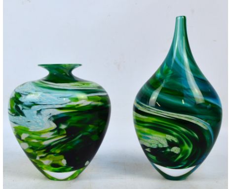 RICHARD GLASS for TEIGN VALLEY GLASS; a "merge" bottle in swirling blue/green and white decoration, signed and titled to base