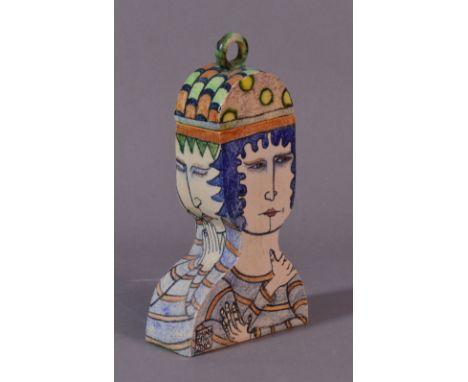 AMANDA POPHAM (born 1954); an earthenware container, painted  decoration in the form of a double portrait of a woman, painted
