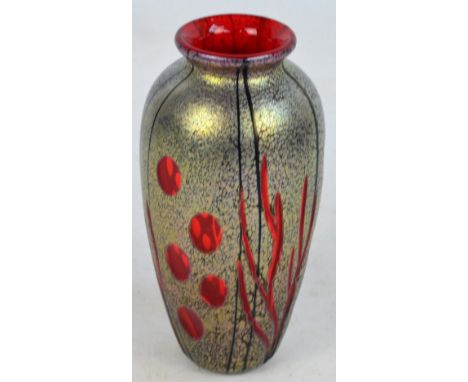 OKRA; a large overlaid ruby cut barrel vase designed by Richard Golding "Coral" for the Okra Guild, dated 2007 and with etche