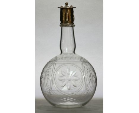 JAMES POWELL WHITEFRIARS; a clear glass bottle form decanter with silver cap designed by Harry Powell, the shaped neck above 