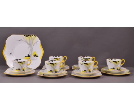 SHELLEY; an Art Deco six setting tea service; 057 pattern, decorated with trees in a landscape in shades of grey, black and y