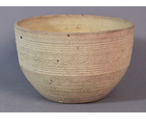 KATHARINE PLEYDELL-BOUVERIE (1895-1985); a stoneware planter, unglazed with incised decoration, impressed KPB mark, diameter 