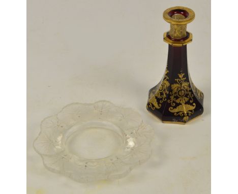 LALIQUE, a pre-1947 leaf moulded circular shallow dish, etched marks to base, diameter 15cm, and a 19th century Bohemian ruby