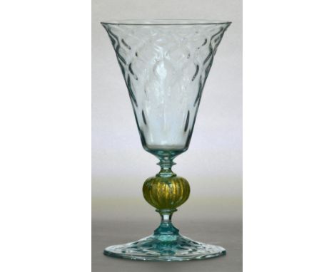 JAMES POWELL WHITEFRIARS; an "Alsatian Blue" vase with diamond moulded trumpet bowl above gold leaf included moulded and knop