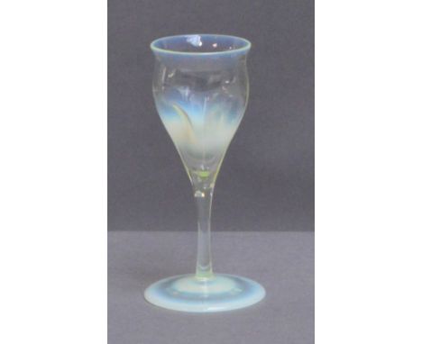 JAMES POWELL WHITEFRIARS, a straw opal liqueur glass with pinched rounded square section bowl above plain stem and plain foot