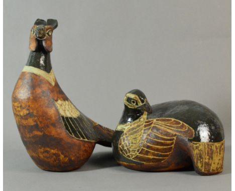 ROSEMARY WREN (1922-2013) for Oxshott Pottery; a pair of stoneware pheasants, impressed wren marks, tallest height 34cm (2). 