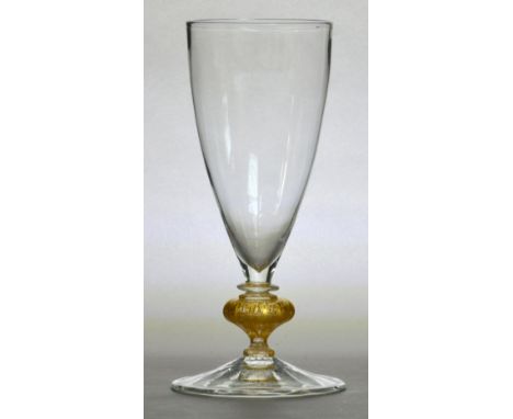 JAMES POWELL WHITEFRIARS; a vase with stretched ovoid bowl above gold leaf included moulded knopped stem and folded foot, hei