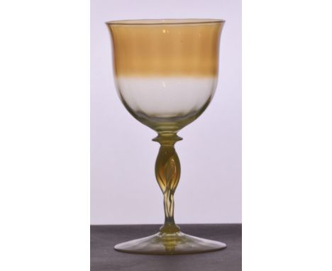 JAMES POWELL WHITEFRIARS; a straw opal glass with slightly dimpled bowl with outswept rim, double twist knopped stem and plai