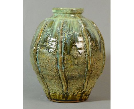 MIKE DODD (born 1943); a large stoneware vase, applied clay to body, covered in semi-eruptive treacle glaze with blue/green s