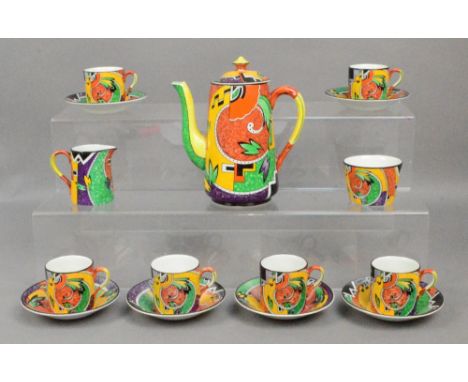 ROYAL WINTON; an Art Deco "Jazz" coffee set comprising coffee pot, six coffee cans, six saucers, jug and bowl, printed marks 
