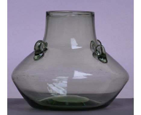 JAMES POWELL WHITEFRIARS; a pale green tinted flower bowl of compressed circular form with four applied loop "handles", heigh