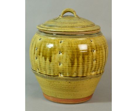 PHIL ROGERS (born 1951); a large stoneware bread crock, incised decoration covered in green ash glaze, impressed PR mark, hei