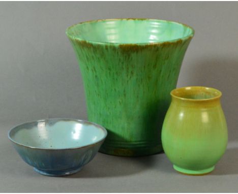 C D NOWELL; a stoneware planter, vase and bowl, all made at Prestbury (1951-59), incised signatures, planter height 19.5cm (3