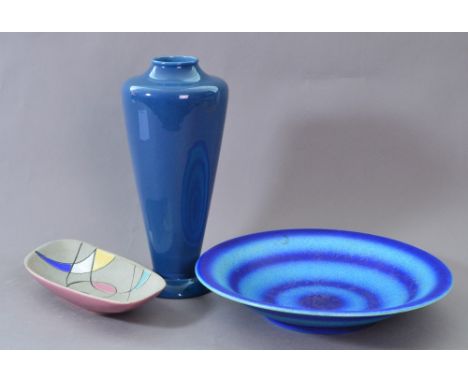 BRETBY; a large blue ground tapering lamp base, height 33cm, a large shallow blue bowl, diameter 35cm, and a 1960s Italian an