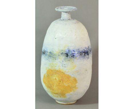 ROBIN WELCH (born 1936); a large bottle vase with flattened rim, textured white surface with yellow ochre and indigo blue dec