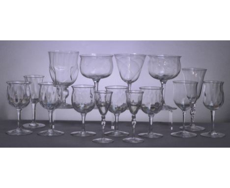 JAMES POWELL WHITEFRIARS; a collection of clear glasses including a sherry glass with trumpet bowl and double twisted stem to